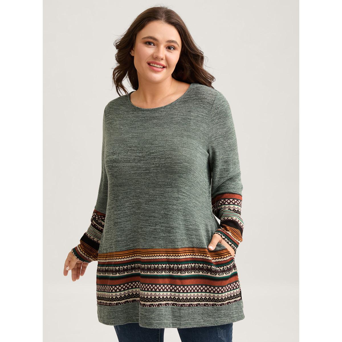 Plus Size Tunic Boho Print Pocket T-shirt Sage Women Casual Contrast Round Neck Loose Everyday T-shirts BloomChic 28/5X Product Image