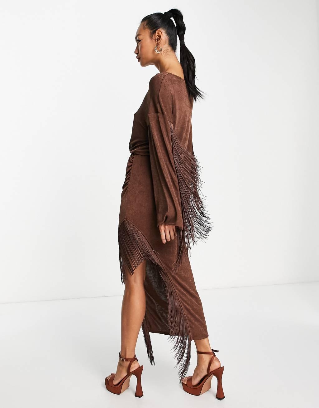ASOS DESIGN long sleeve slinky midi dress with fringing Product Image