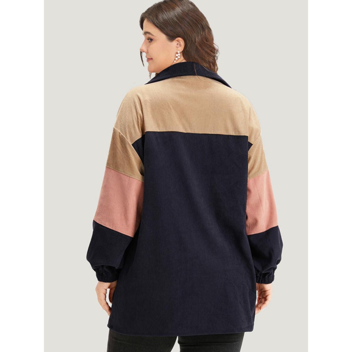 Plus Size Colorblock Contrast Patchwork Pocket Button Through Jacket Women DarkBlue Pocket Dailywear Jackets BloomChic 30/6X Product Image