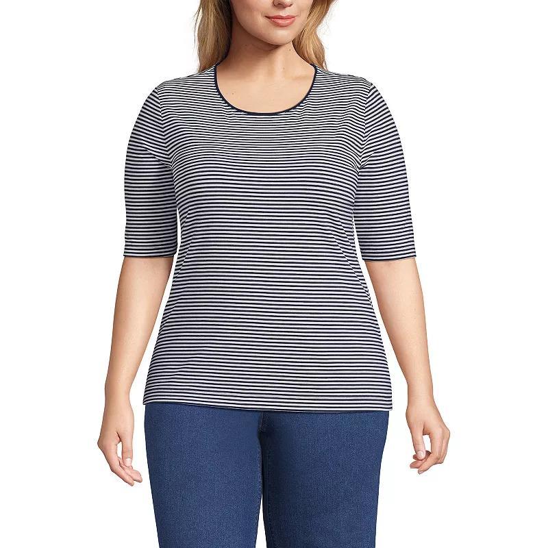 Plus Size Lands' End Elbow Sleeve Jersey Crewneck Top, Women's, Size: 1XL, White Green Stripe Product Image
