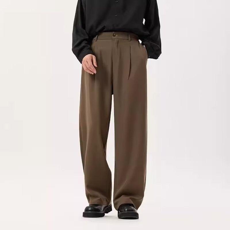 Mid Rise Plain Wide Leg Dress Pants Product Image