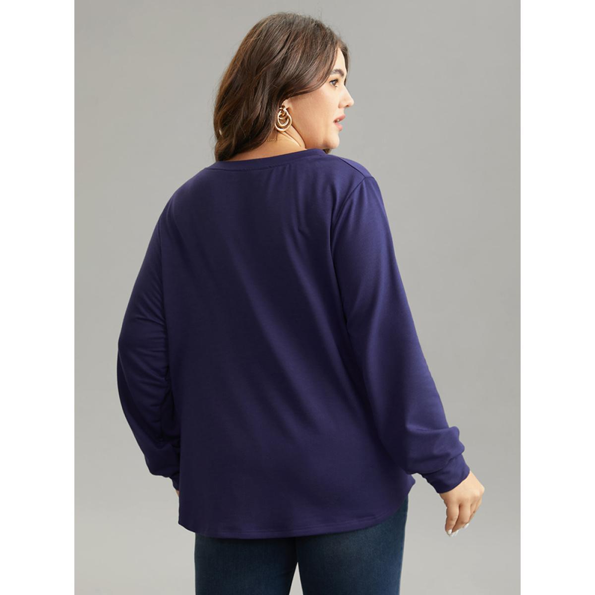 Plus Size Plain Pleated Round Neck Slightly Stretchy Sweatshirt Women Eggplant Casual Plain Round Neck Everyday Sweatshirts BloomChic 26/4X Product Image