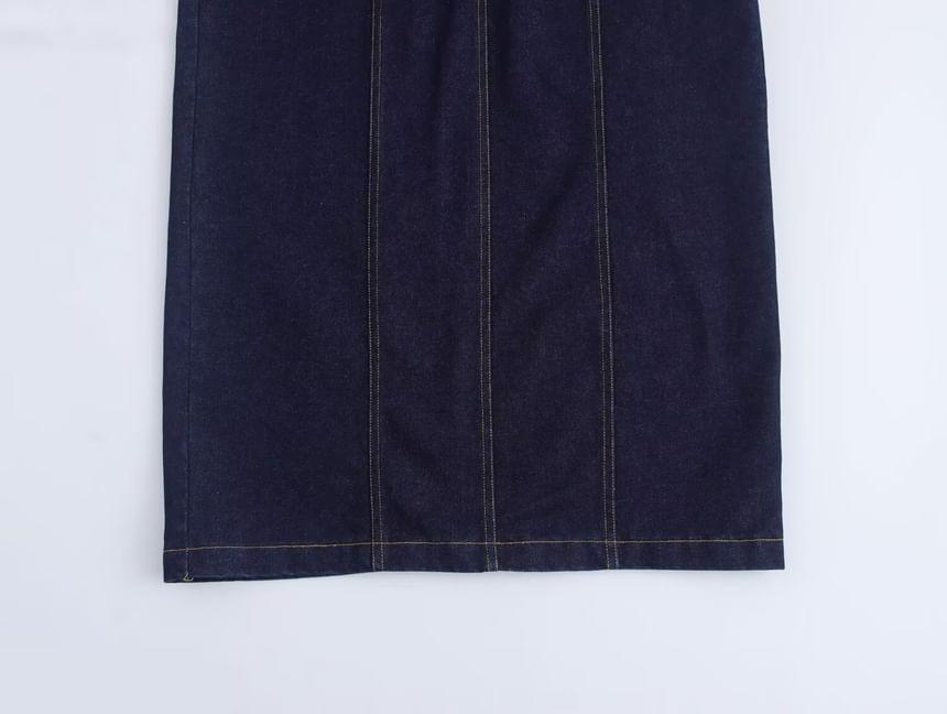 Sleeveless Round Neck Contrast Stitching Denim Midi Sheath Dress Product Image