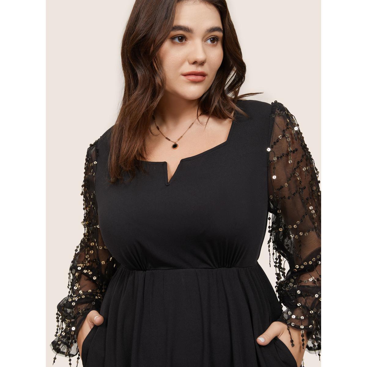 Plus Size Notched Mesh Gathered Sequin Tassel Trim Dress Black Women Glamour Sequin Notched collar Long Sleeve Curvy Midi Dress BloomChic 30/6X Product Image