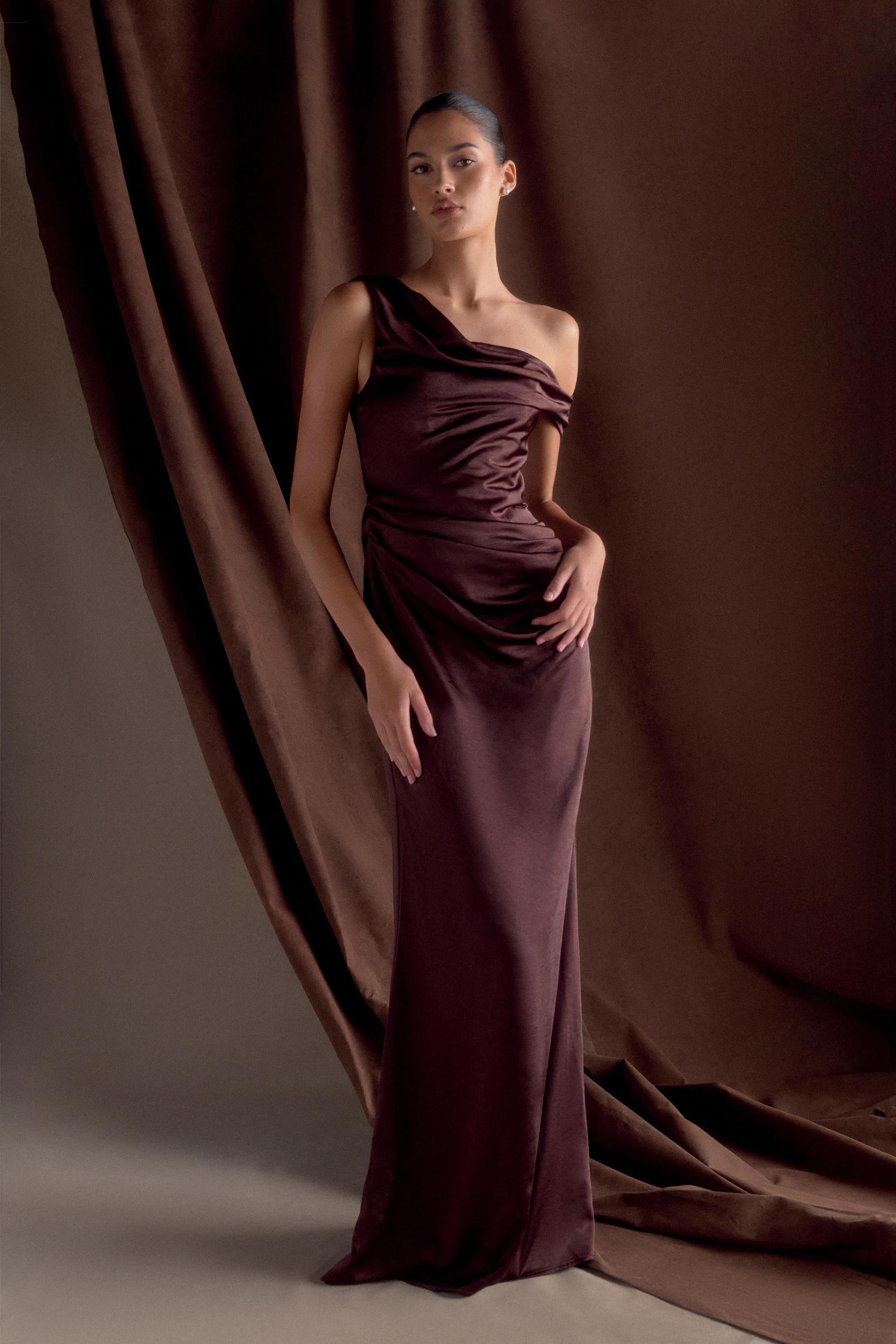 Dalia Off Shoulder Satin Maxi Dress - Dark Chocolate Product Image