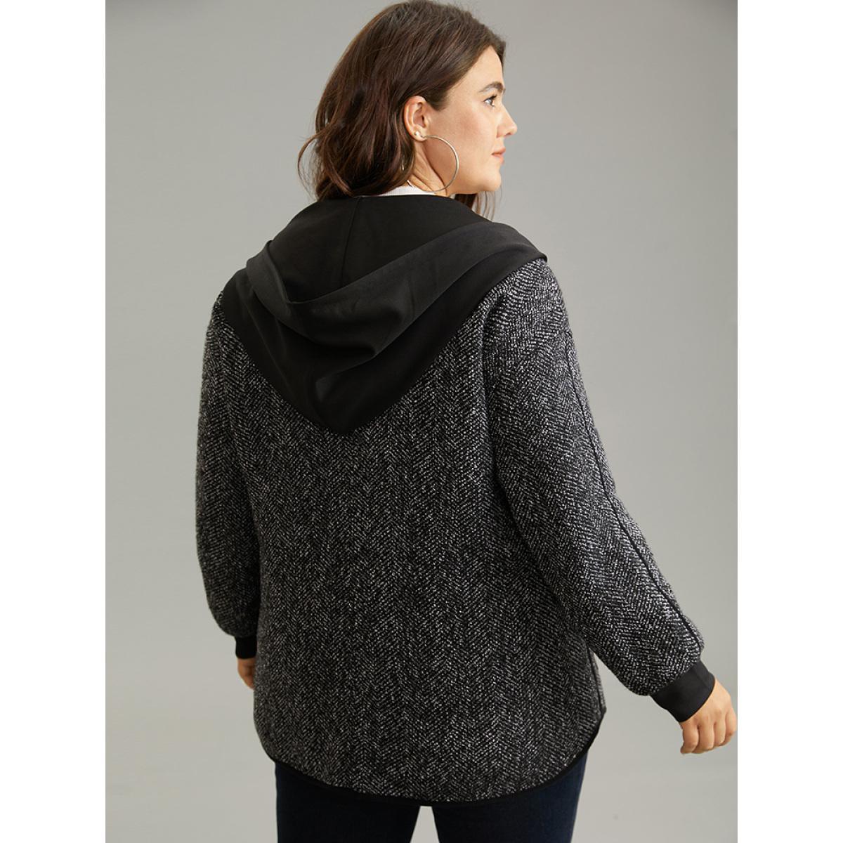 Plus Size Tweed Pocket Button Through Hooded Coat Women Black Casual Patchwork Ladies Dailywear Winter Coats BloomChic 28/5X Product Image