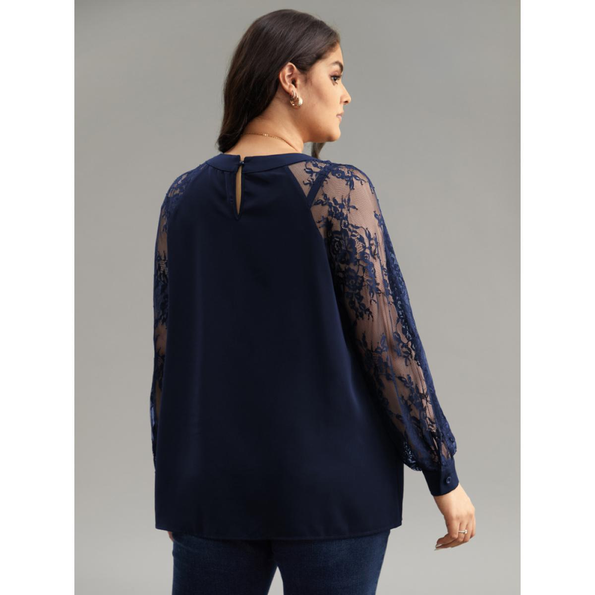 Plus Size Indigo Anti-Wrinkle Crochet Lace Mesh Keyhole Blouse Women Office Long Sleeve Keyhole Cut-Out Work Blouses BloomChic 22-24/3X Product Image