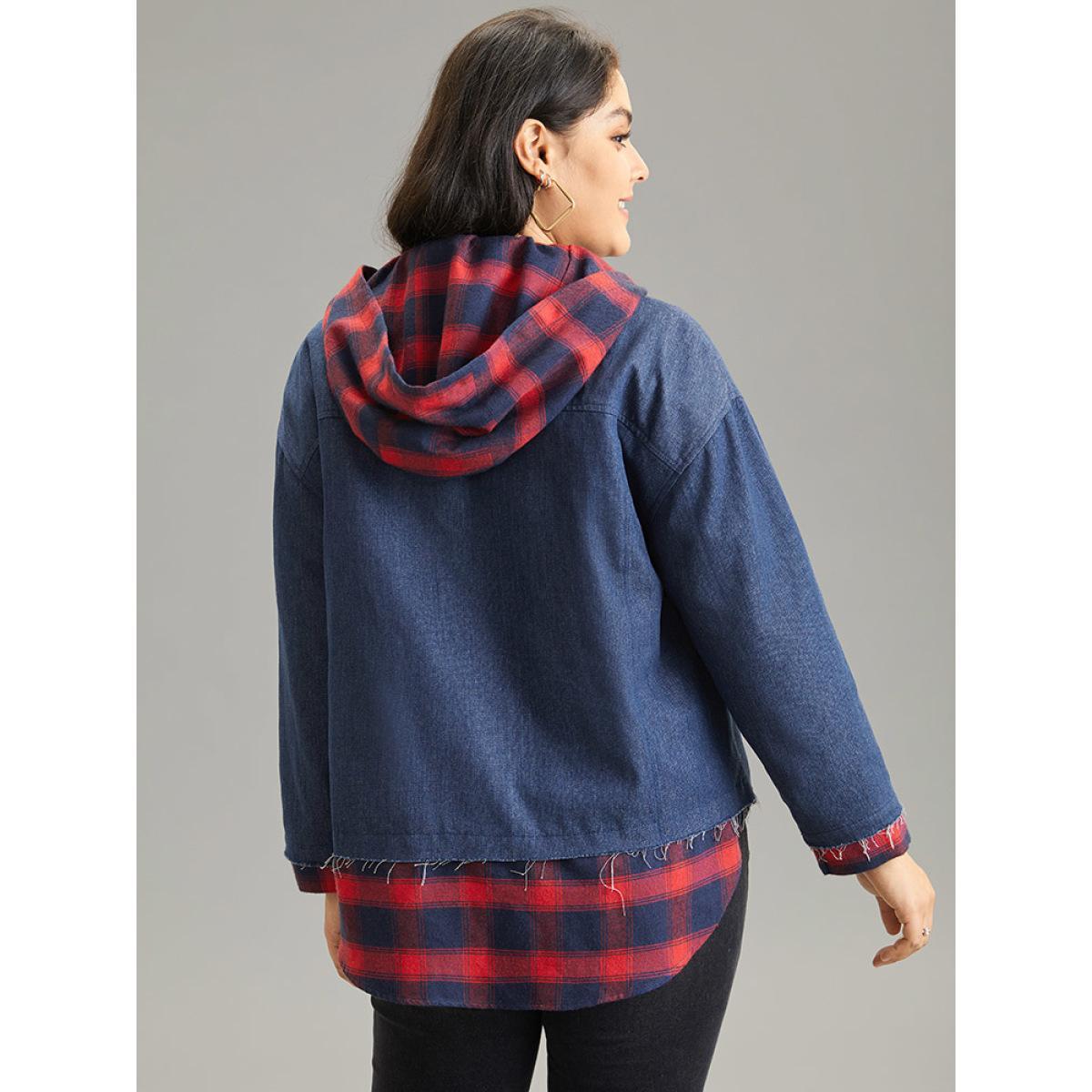 Plus Size Denim Plaid Patchwork Contrast Hooded Jacket Women Navy Casual Contrast Ladies Dailywear Winter Coats BloomChic 26/4X Product Image