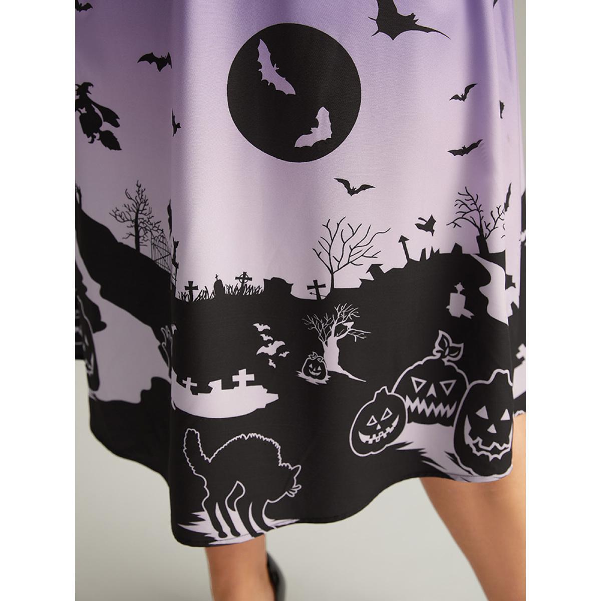 Plus Size Halloween Graphic Pocket Mesh Patchwork Dress Purple Women Elegant See through Round Neck Long Sleeve Curvy Midi Dress BloomChic 10/M Product Image