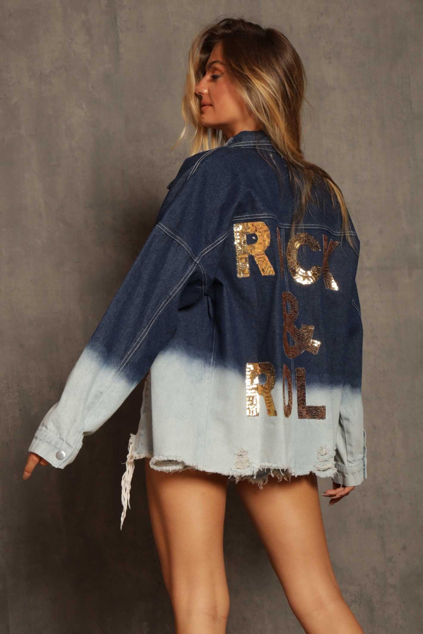 Distress Denim Jacket Rock And Roll Print Product Image