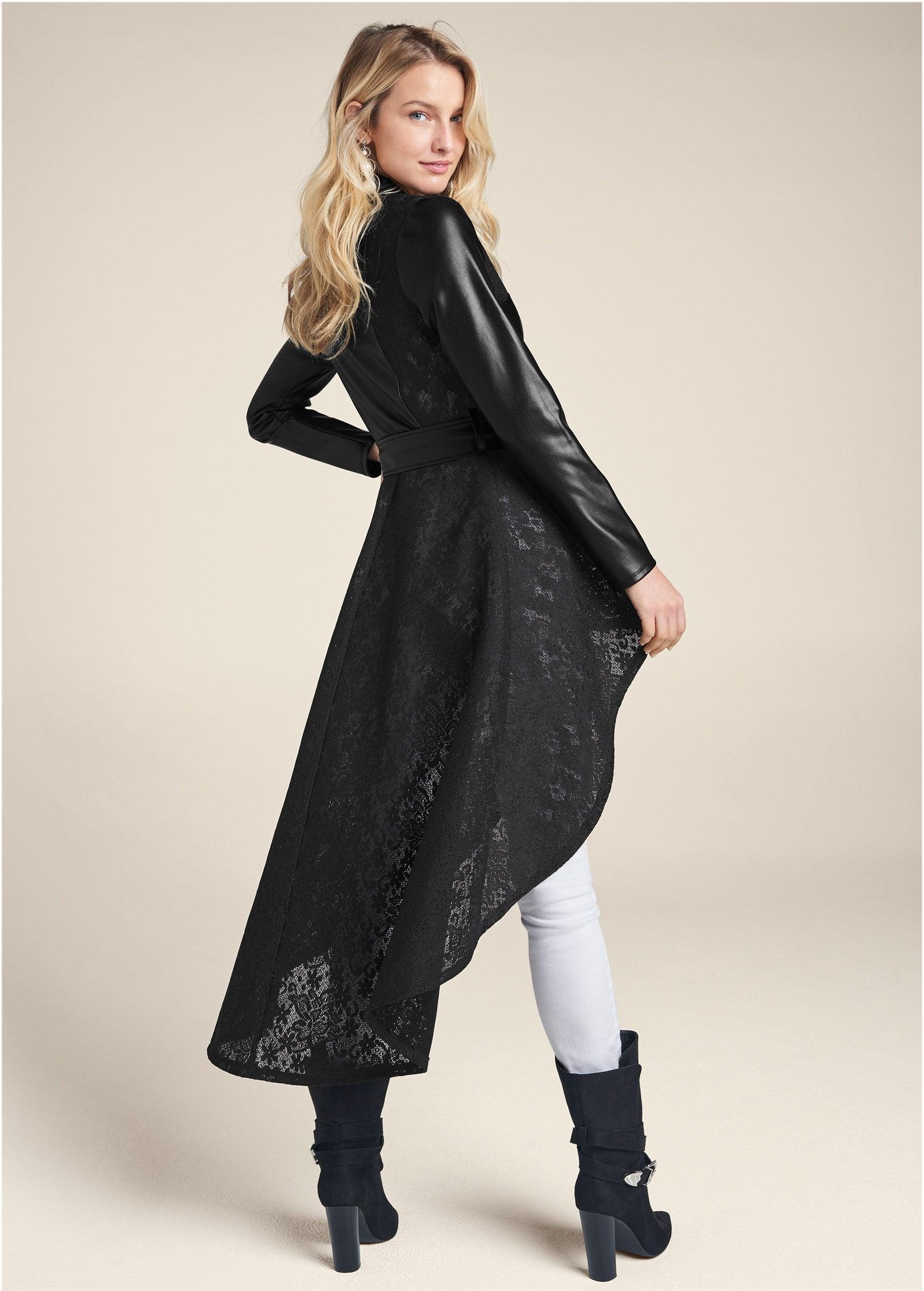 Faux Leather And Lace Detail Trench Coat - Black Product Image