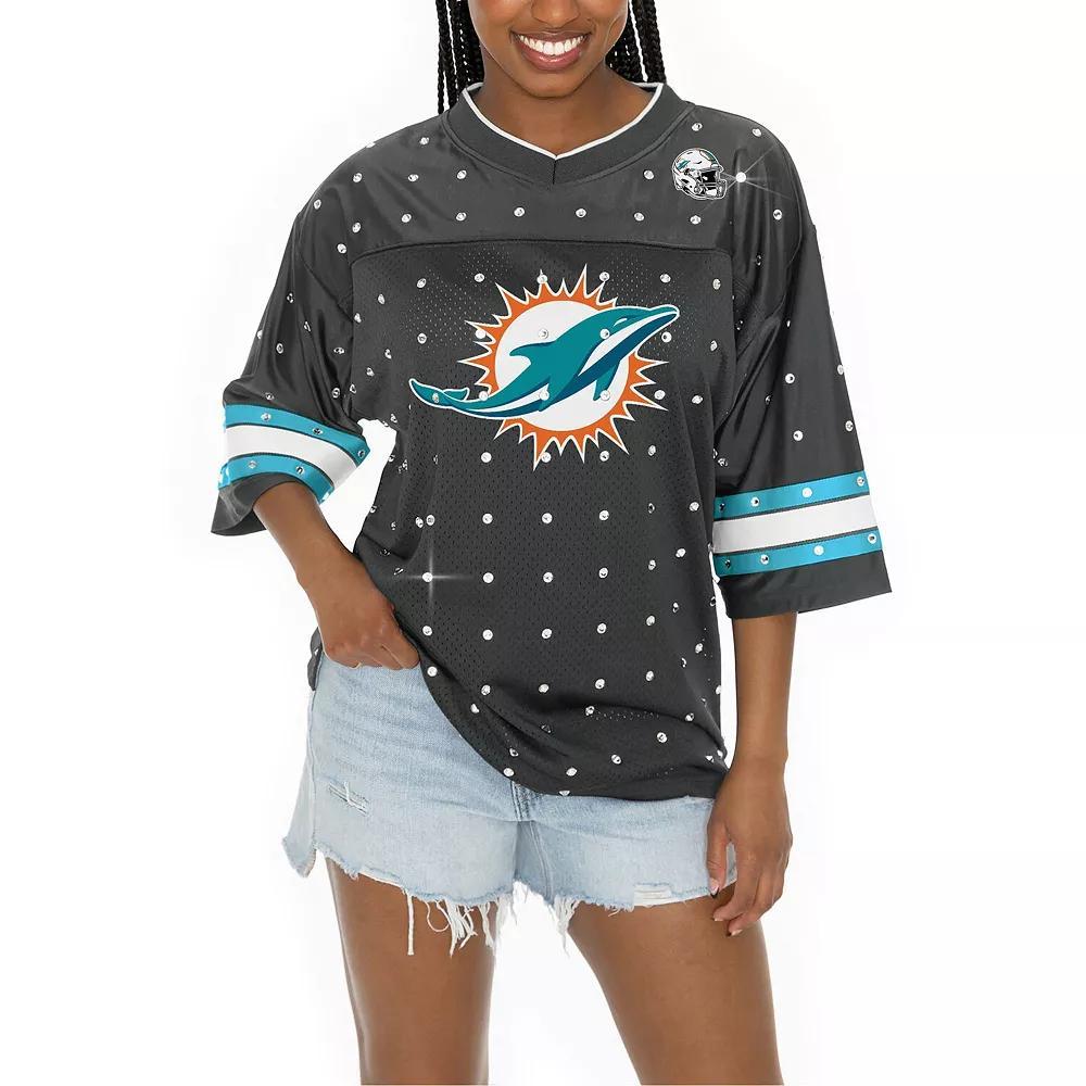 Women's Gameday Couture Anthracite Miami Dolphins All-Over Rhinestone Sports Stripe Kickoff V-Neck Fashion Half-Sleeve Jersey Top, Size: Medium, Grey Product Image