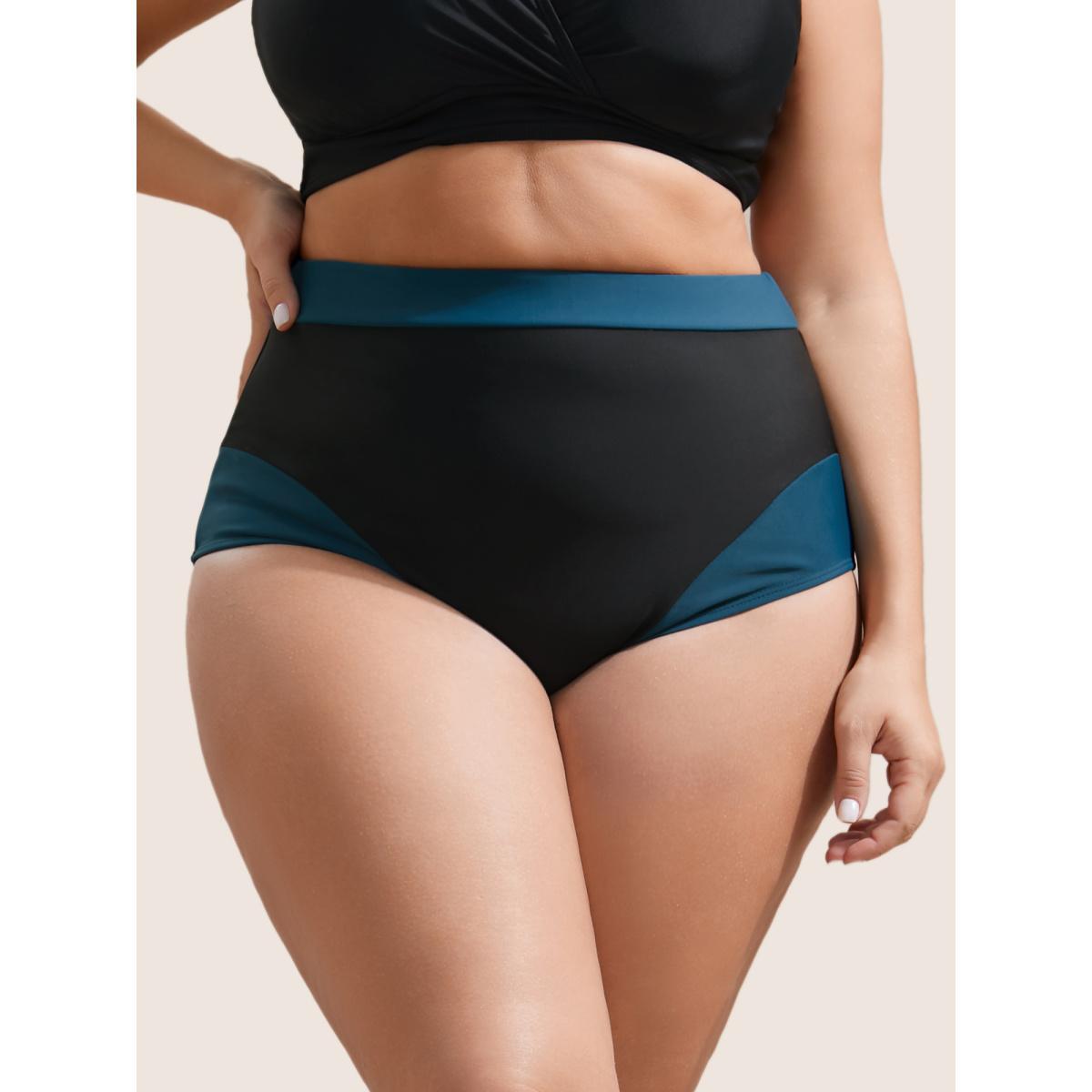 Plus Size Two Tone Patchwork High Rise Swim Bottom Women's Swimwear Black Beach Non High stretch Skinny High Rise Curve Swim Bottoms BloomChic 18-20/2X Product Image