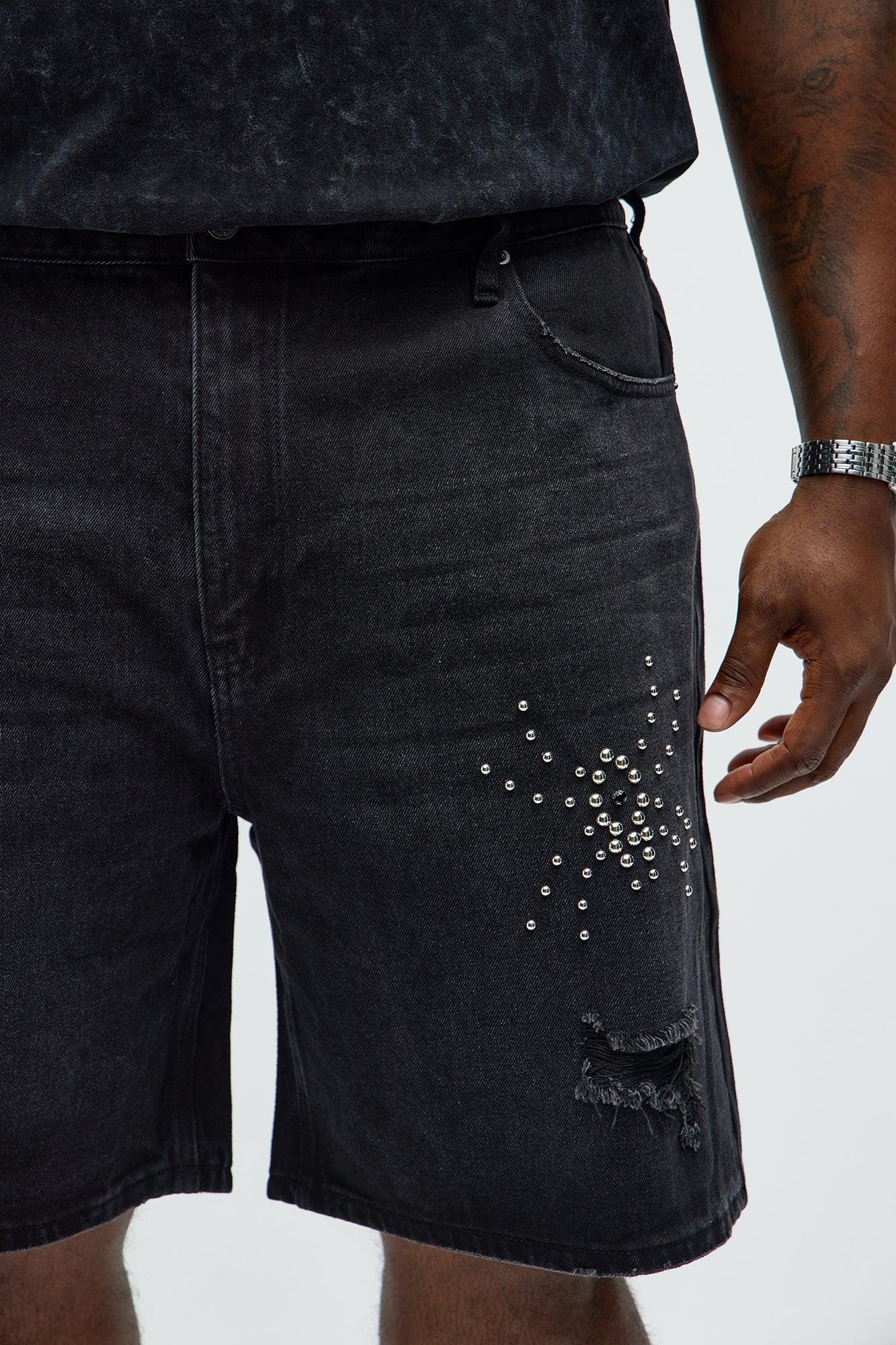 Relaxed Studded Spider Denim Shorts - Black Wash Product Image