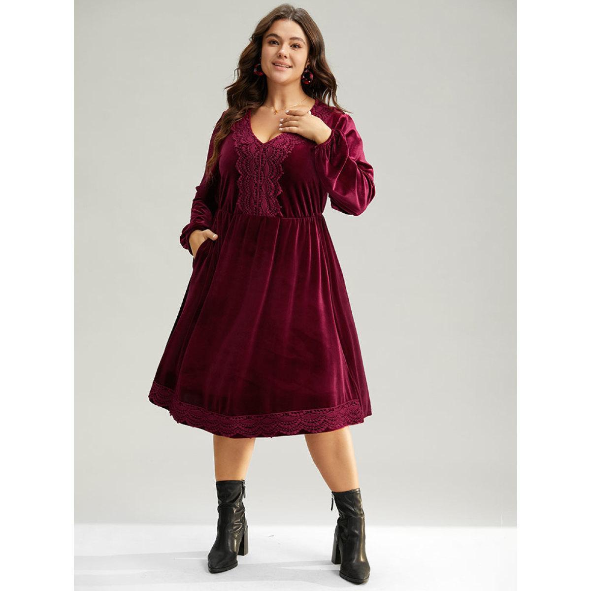 Plus Size Velvet Lace Panel Elastic Cuffs Dress Burgundy Women Elegant Elastic cuffs V-neck Long Sleeve Curvy Midi Dress BloomChic 18-20/2X Product Image