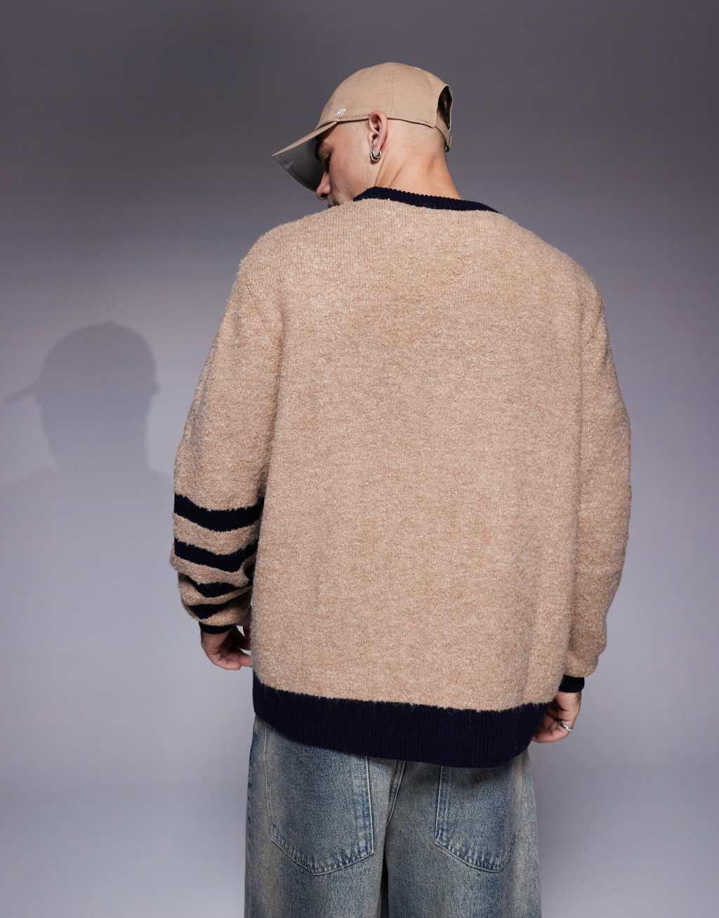 ASOS DESIGN relaxed textured knit crew neck sweater with stripe detail on sleeves in beige Product Image