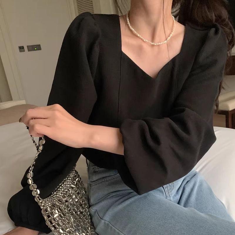 Long-Sleeve Ribbon Back Plain Blouse Product Image