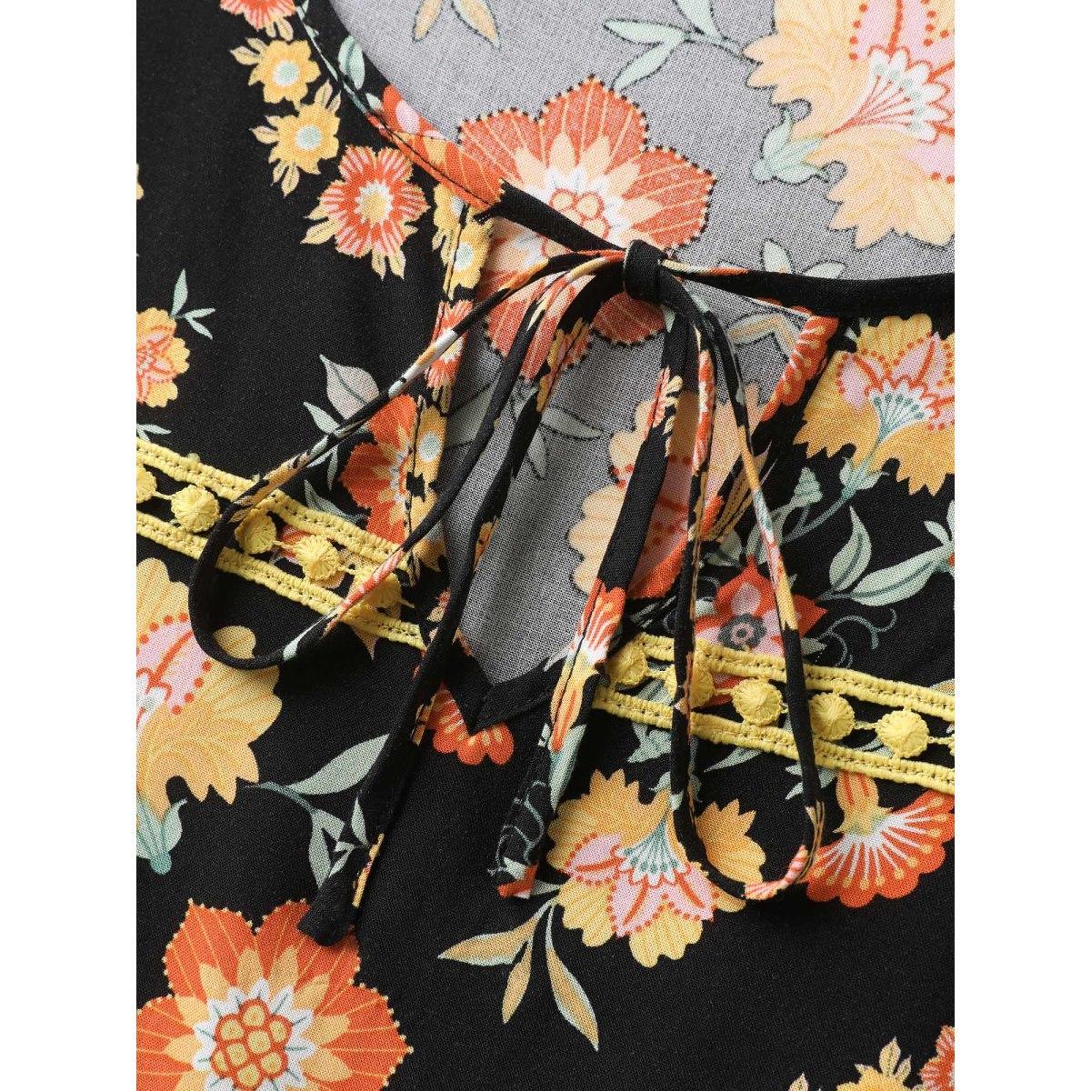 Plus Size Boho Print Waist Stretchy Midi Dress BlackFlower Women Notched collar Half Sleeve Curvy BloomChic 30/6X Product Image
