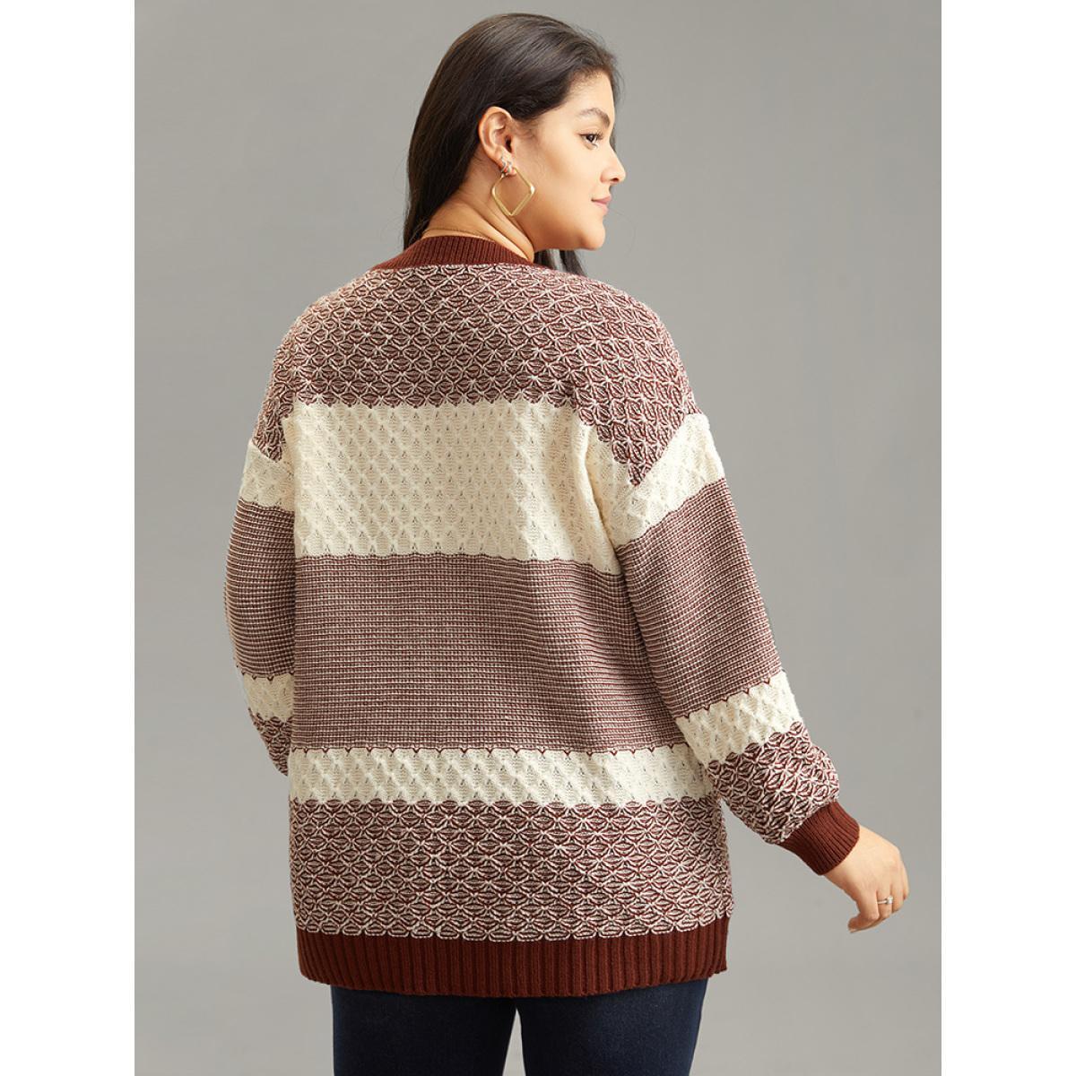 Plus Size Colorblock Contrast Round Neck Elastic Cuffs Pullover Rust Women Casual Loose Long Sleeve Round Neck Dailywear Pullovers BloomChic 26/4X Product Image