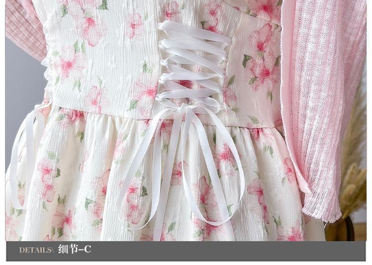 Spaghetti Strap Floral Lace-Up Midi A-Line Sundress / Plain Cardigan Product Image