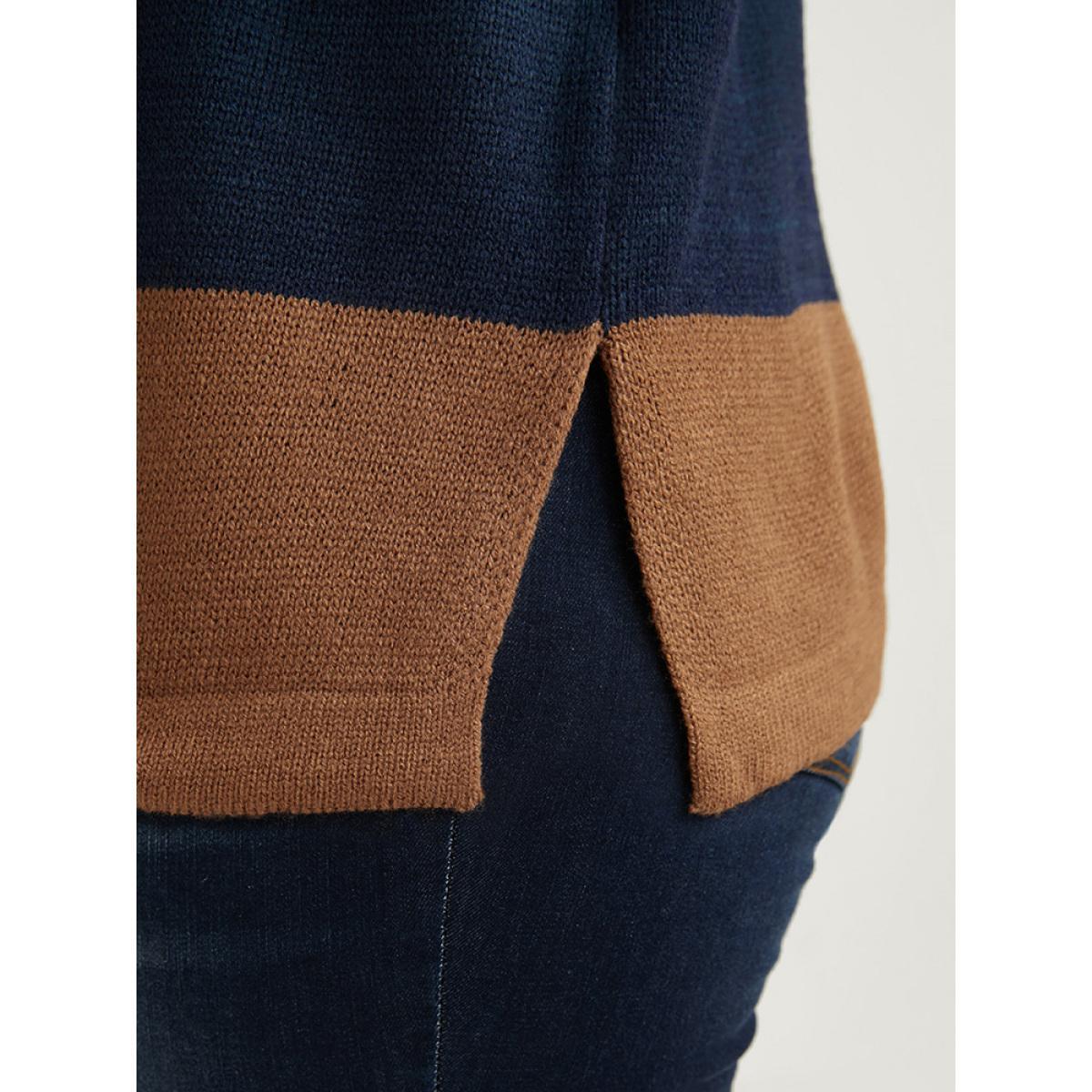 Plus Size Colorblock Contrast Pointelle Knit Eyelet Split Hem Knit Top Midnight Women Casual Loose Long Sleeve Round Neck Dailywear Pullovers BloomChic 30/6X Product Image