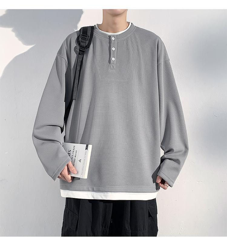 Long-Sleeve Crew Neck Mock Two-Piece T-Shirt Product Image