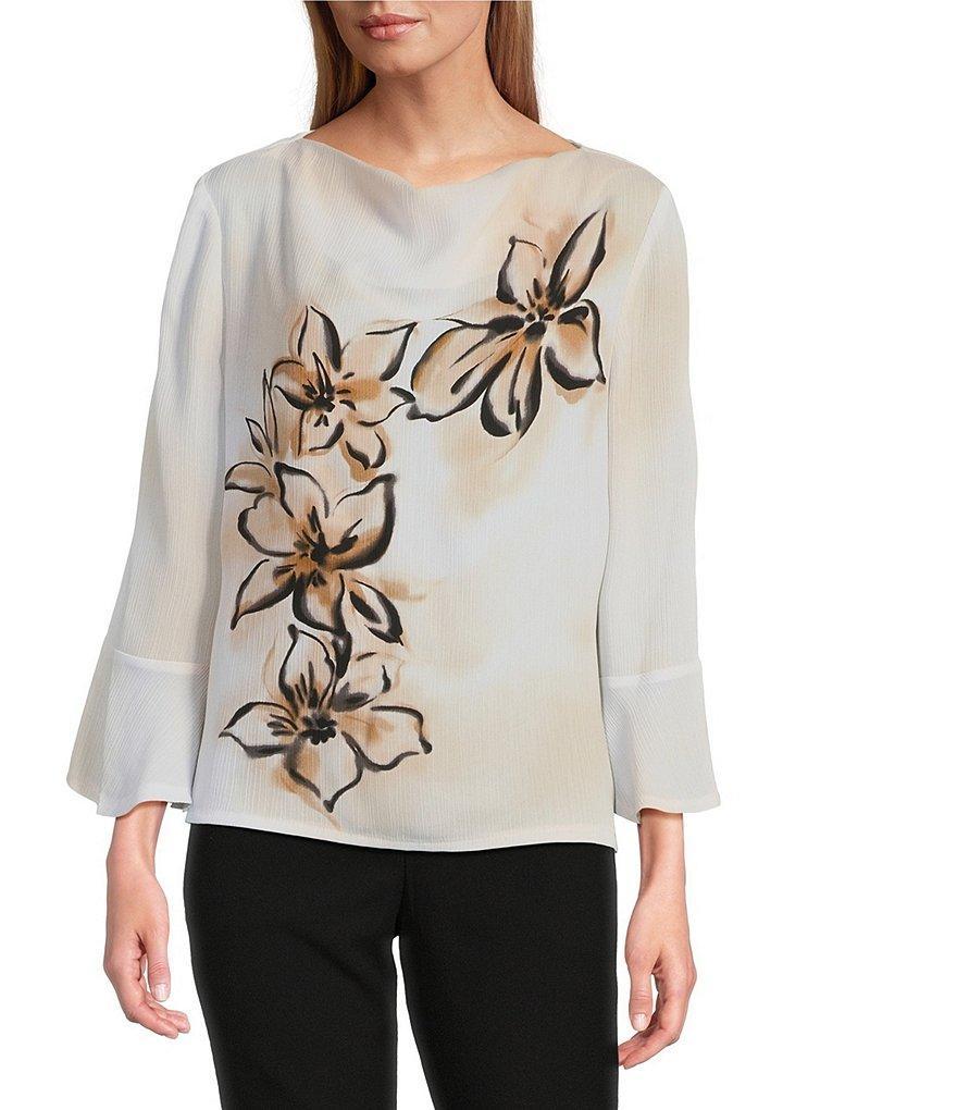 Investments Petite Size Woven Floral Graffiti 3/4 Ruffle Sleeve Cowl Neck Top Product Image