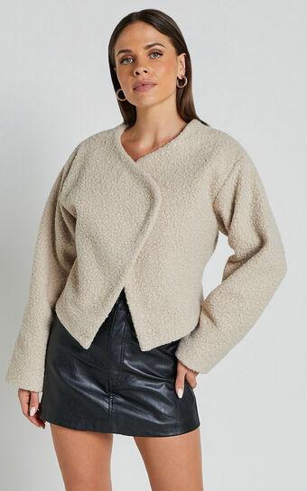 Mayvie Jacket - Collarless Long Sleeve Wool Look Jacket in Beige Product Image