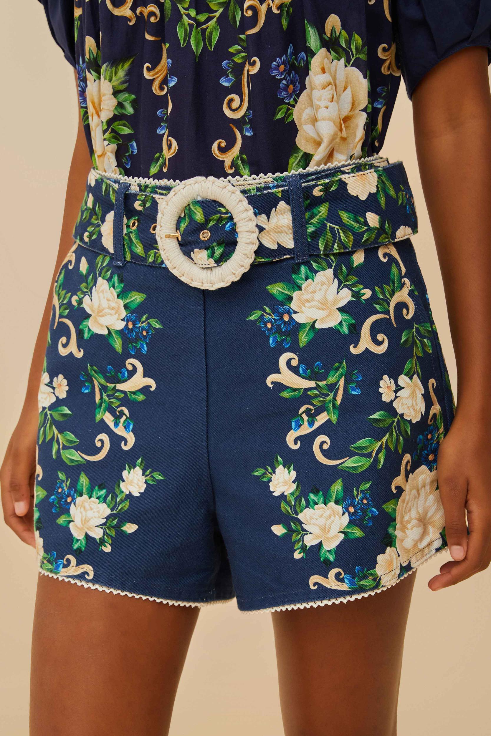 Navy Blue Flower Tapestry Shorts Product Image