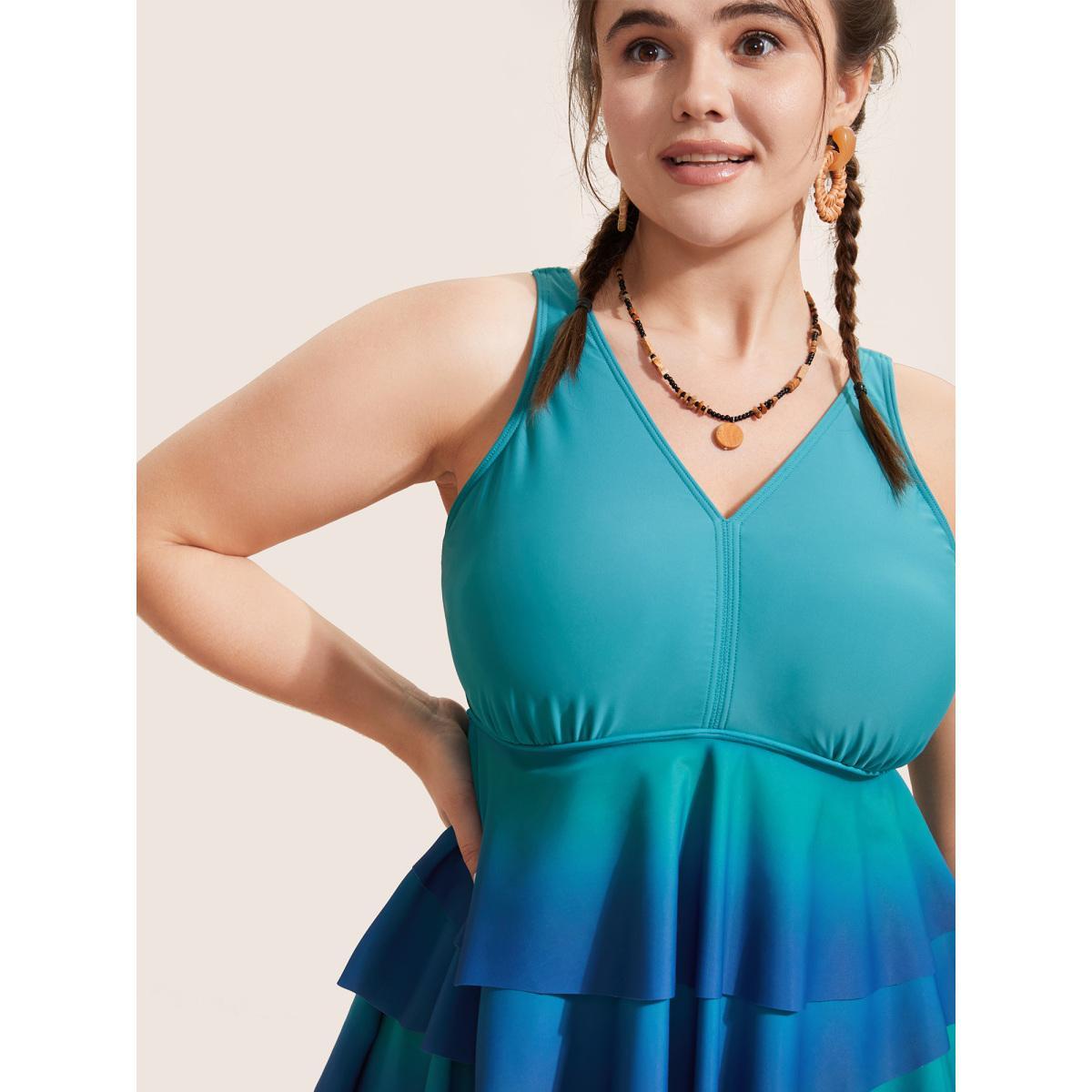 Plus Size V Neck Ombre Tiered Ruffles Swim Top Women's Swimwear Teal Beach Contrast High stretch Bodycon V-neck Curve Swim Tops BloomChic 12/L Product Image
