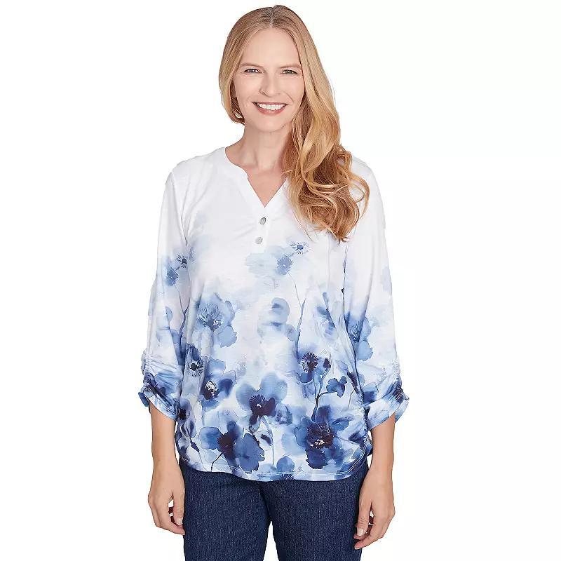 Womens Alfred Dunner Floral Border Ruched Sleeve Henley Top Multi Blue Product Image