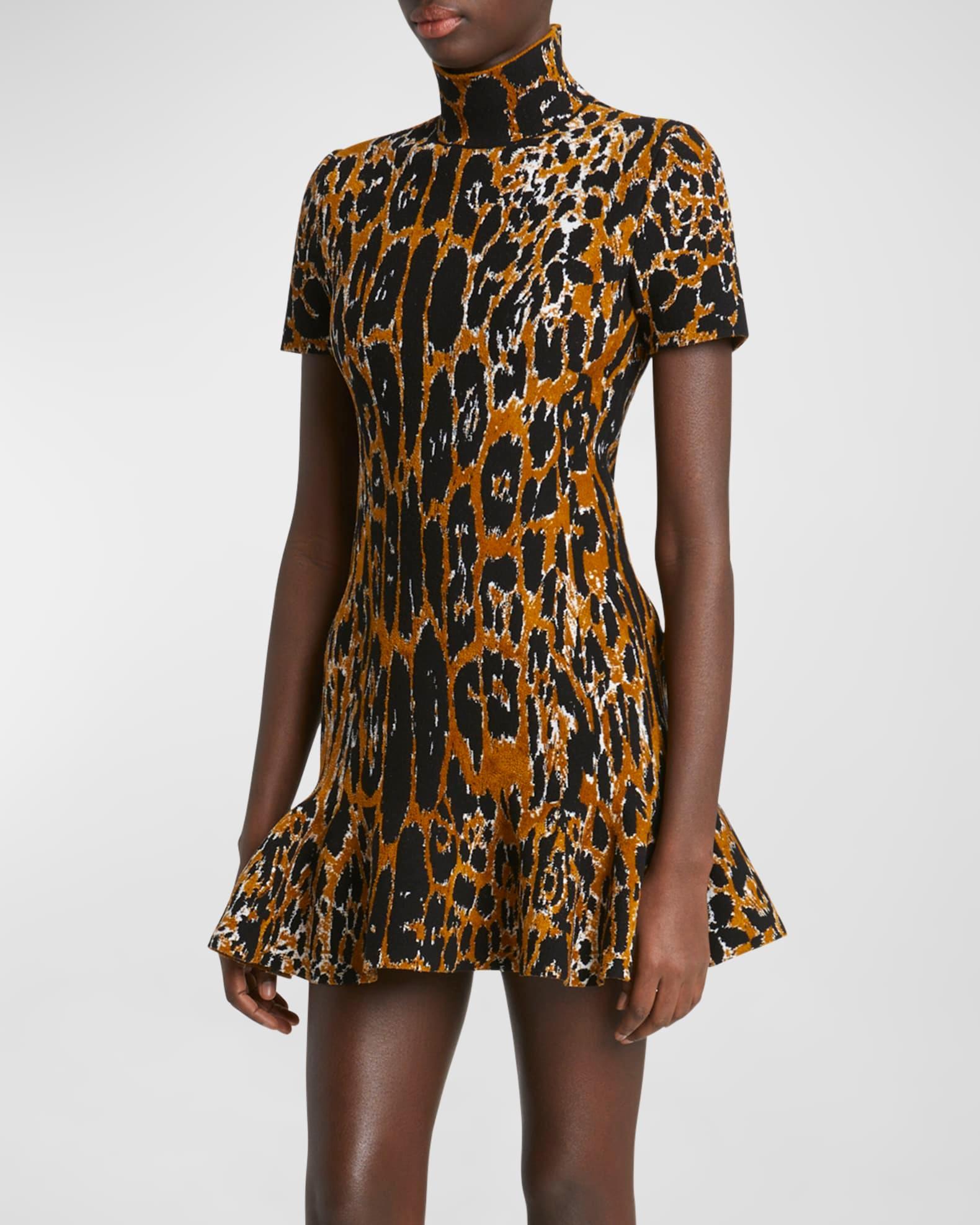Mock-Neck Leopard Short-Sleeve Skater Mini Dress Product Image