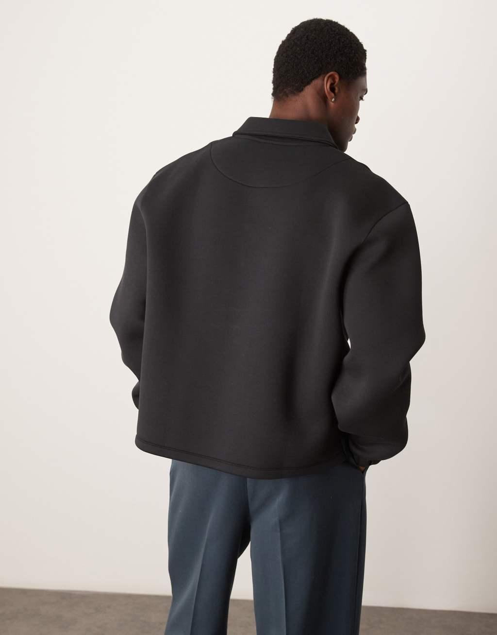 ASOS DESIGN oversized boxy quarter zip rugby scuba sweatshirt in black Product Image