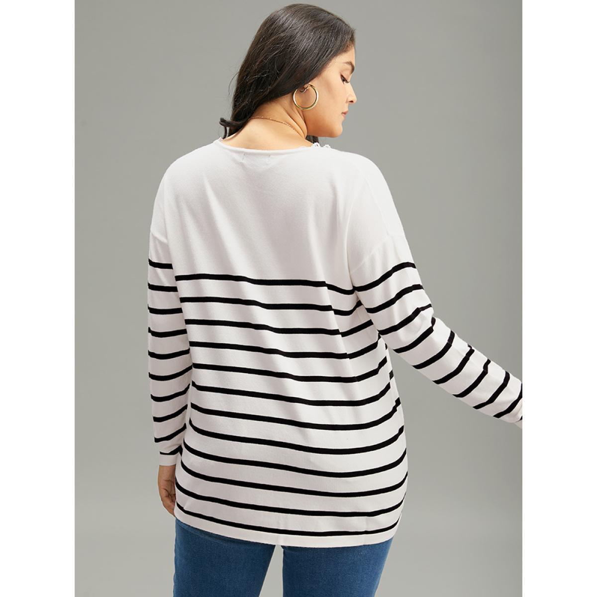 Plus Size Supersoft Essentials Striped Letter Embroidered Lace Panel Pullover Beige Women Casual Loose Long Sleeve V-neck Dailywear Pullovers BloomChic 28/5X Product Image