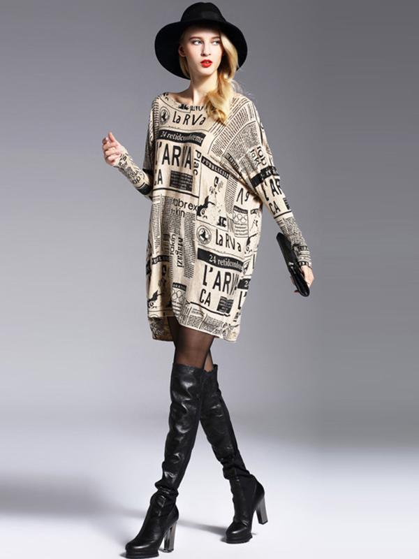 Vintage Loose One-Shoulder Newspaper Printed Split-Joint Sweater Product Image