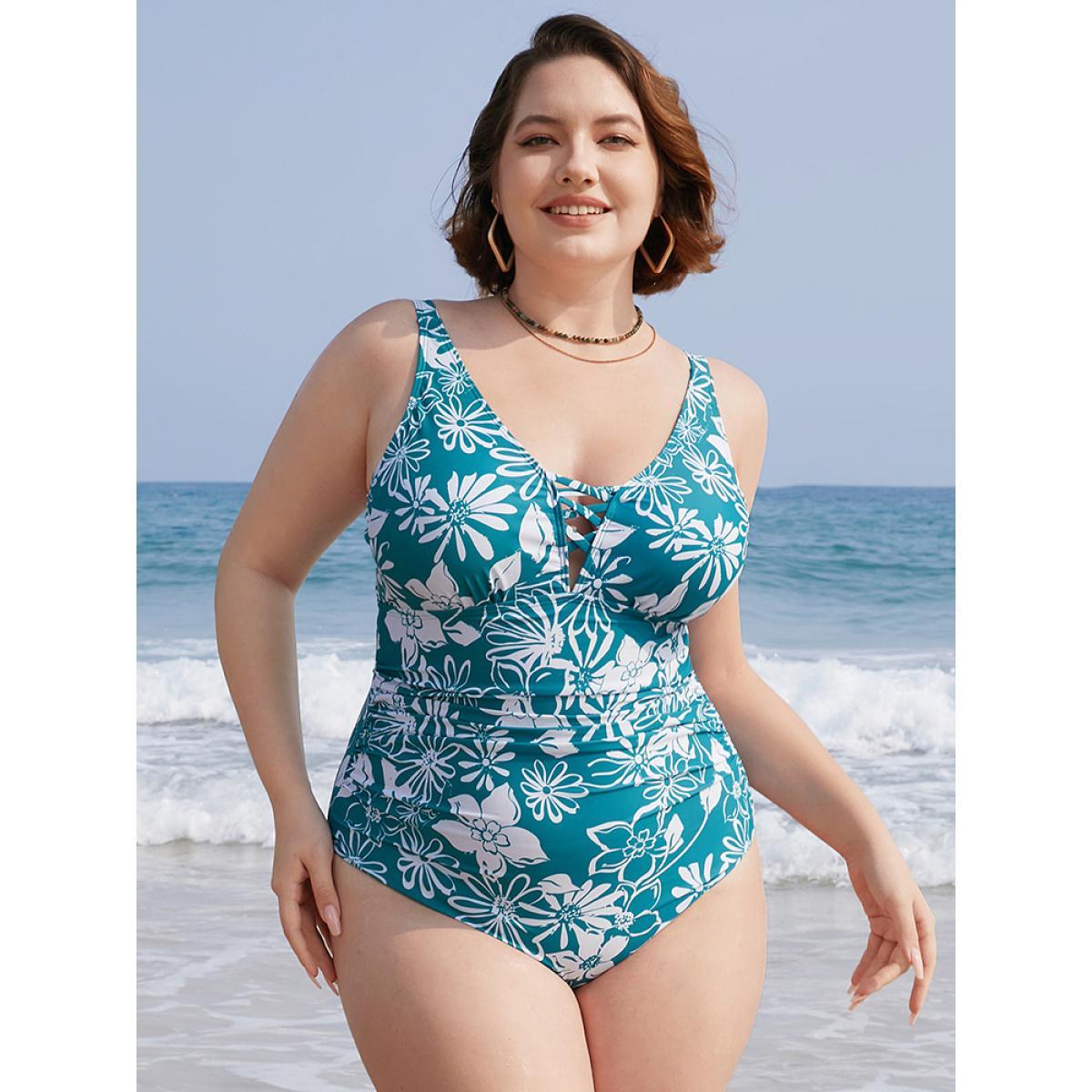Plus Size Floral Print Crisscross Sculpt Waist Ruched One Piece Swimsuit Women's Swimwear Green Vacation Adjustable Straps Curve Bathing Suits High stretch One Pieces BloomChic 18-20/2X Product Image