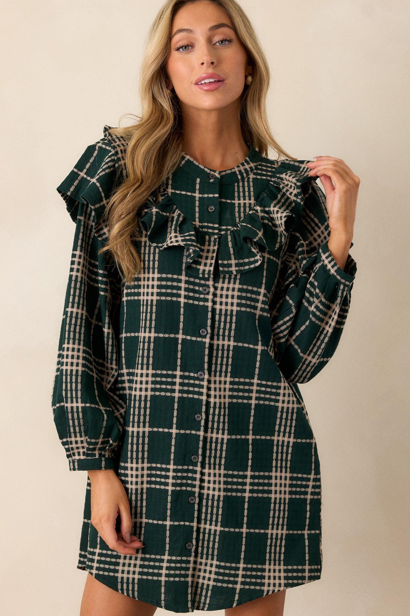 Falling into Bliss 100% Cotton Forest Green Plaid Mini Dress Product Image