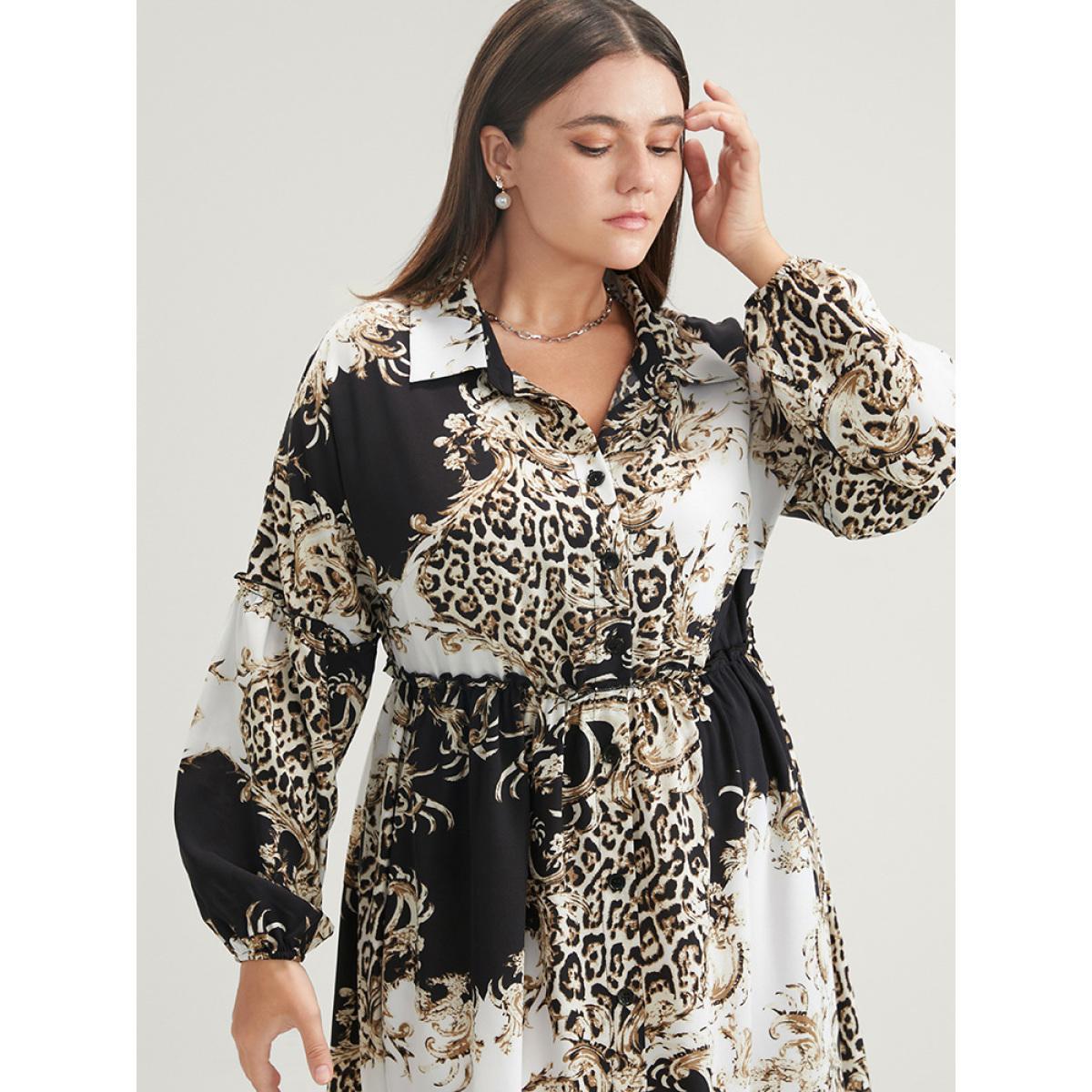 Plus Size Leopard Pocket Button Detail Lantern Sleeve Split Dress Black Women Office Pocket Shirt collar Long Sleeve Curvy Long Dress BloomChic 22-24/3X Product Image