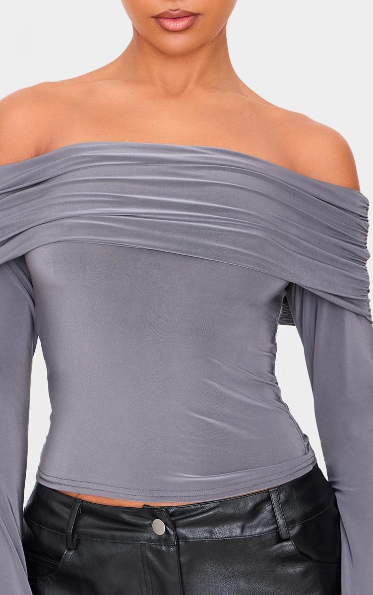 Charcoal Slinky Bardot Long Sleeve Long Top Product Image