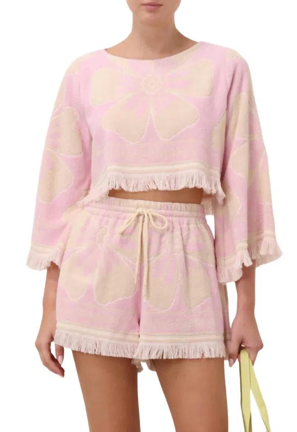 Pop Printed Cotton Long Sleeve Crop Top In Pink Product Image
