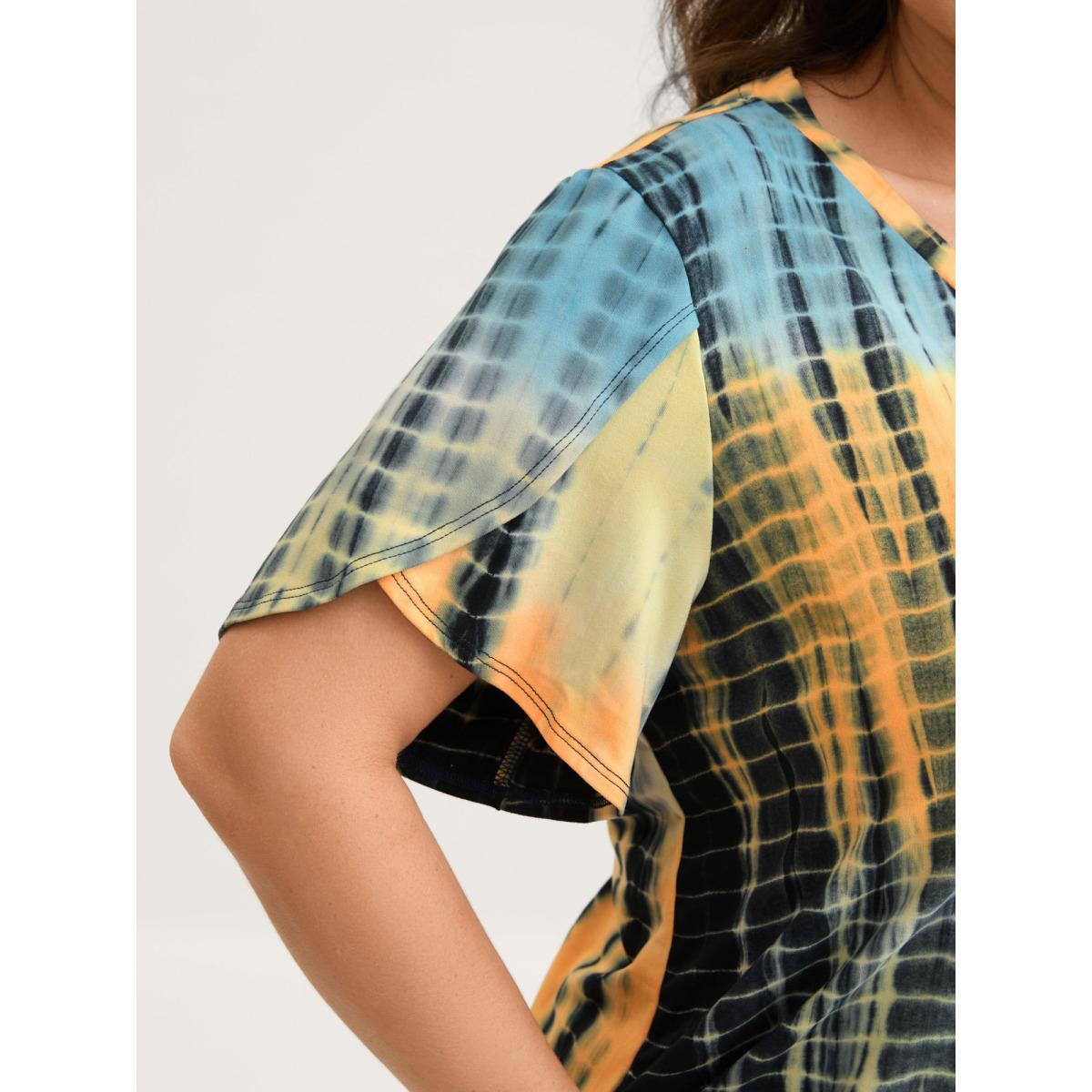 Plus Size Tie-Dye Petal Sleeve V-Neck T-Shirt Multicolor Women Petal edge V-neck Everyday-Casual T-shirts BloomChic 18-20/2X Product Image
