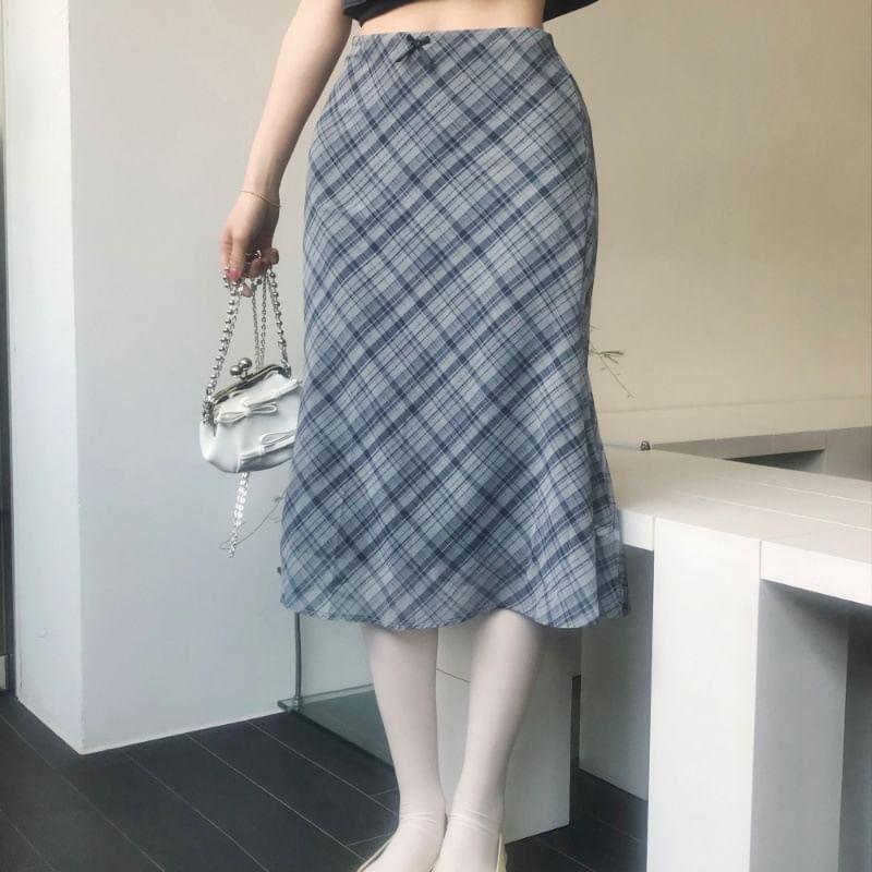 High Waist Bow Accent Plaid Mesh Midi Skirt Product Image