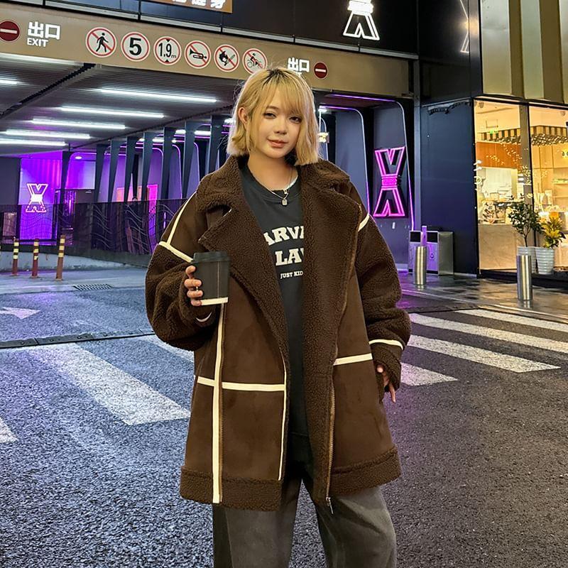Couple Matching Collared Panel Faux Shearling Zip Jacket Product Image
