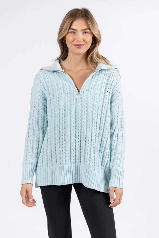 Forever Yours Blue Cable Knit Chenille Quarter Zip Sweater Product Image