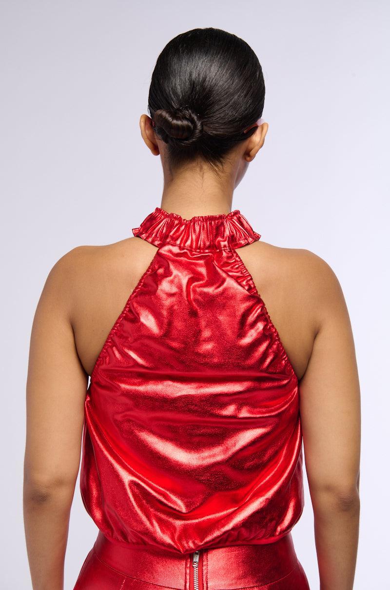 SPACE CADET SLEEVELESS METALLIC ZIP UP TOP IN RED Product Image