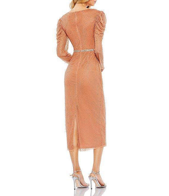 Mac Duggal Beaded Long Puffed Sleeve Surplice V-Neck Midi Dress Product Image