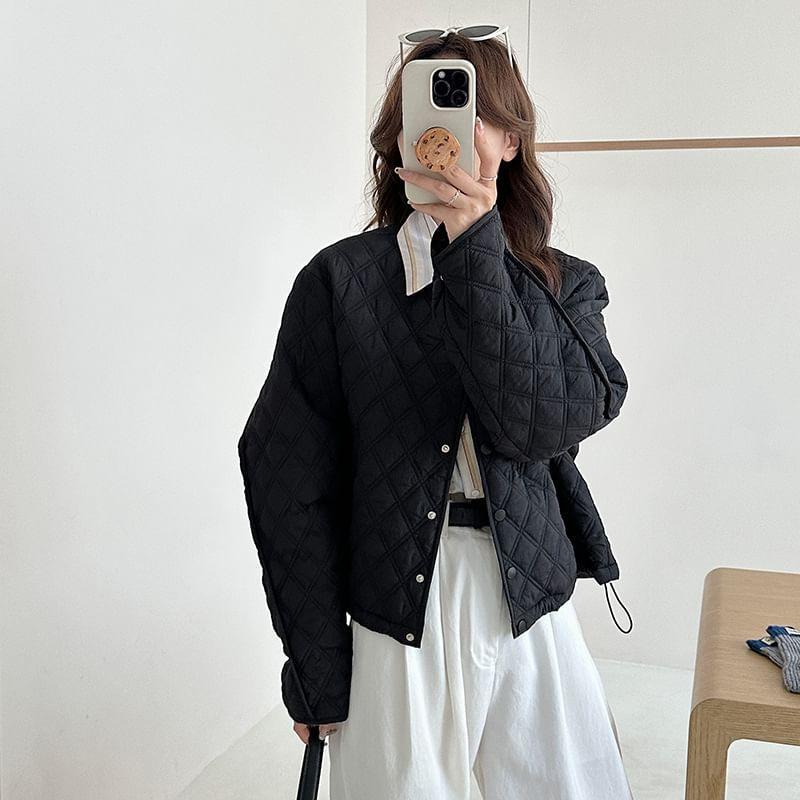 Crew Neck Plain Quilted Button-Up Crop Jacket Product Image