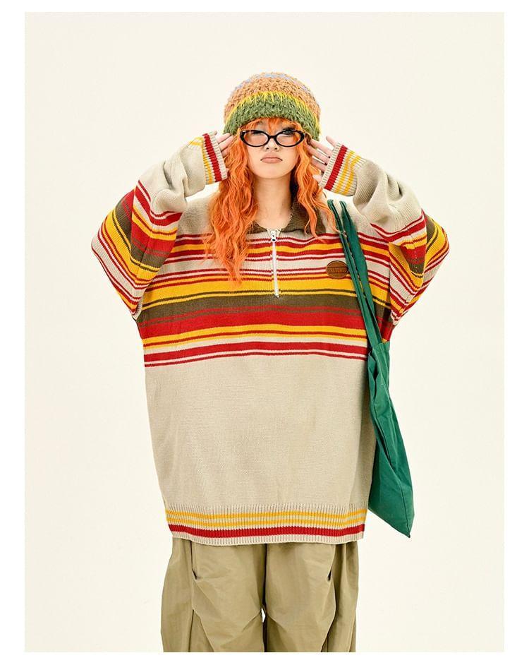 Drop Shoulder Polo Collar Striped Oversized Sweater Product Image