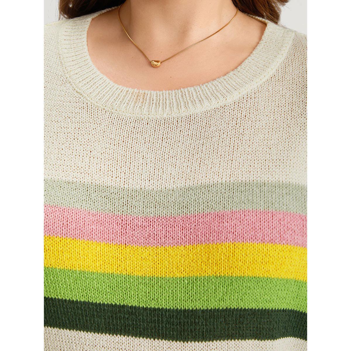 Plus Size Rainbow Lantern Sleeve Drop Shoulder Elastic Cuffs Pullover Beige Women Casual Loose Long Sleeve Round Neck Dailywear Pullovers BloomChic 18-20/2X Product Image