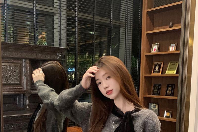 Tie Neck Panel Velvet Sweater Product Image